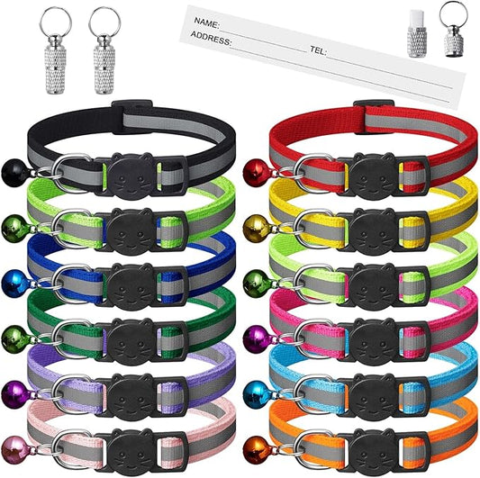 Zavlyra Safety Breakaway Cat Collars 12-Pack - Reflective, with Bells & 2 ID Tags (12 Colors, Adjustable)
